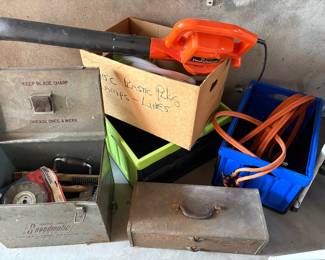 Vintage tool boxes with tools, blower, caddy crates and more!