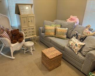 White wicker rocking chair, wood jewelry chest with mirror, 3-cushion couch - sleeper, wicker storage cube and more!