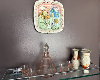 Depression glass decanter and shot glasses, bud vases (set of 3) and dish