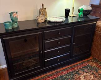Pottery Barn Sideboard with 4 center drawers and 2 glass-front cabinets, Roseville Pottery, and more!