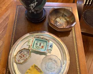 Pottery vase, Roseville dish, porcelain and glass "ring" dishes