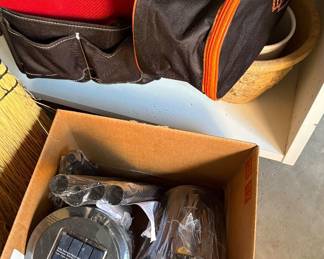 Tool caddy, sweeper in bag, and 4 new solar lanterns