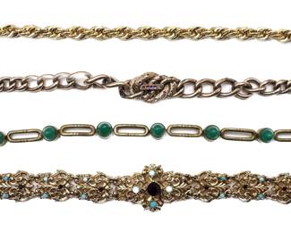 4 Gold Tone Chain Bracelets With Rhinestones & Other Stones Lot #: 69