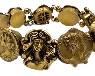 14K Gold & Diamond Chip Art Nouveau Slide Bracelet With Miniature Portraits, Purchased For $1,618 In 1999 Lot #: 14