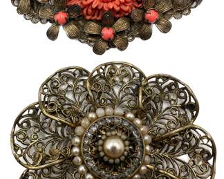 2 Vintage Filigree Art Deco Pins: Brass With Faux Coral & Flower Lot #: 49