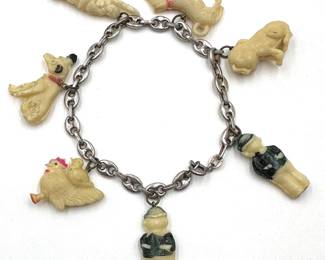1930s Circus Cracker Jack Sterling Silver Charm Bracelet With Plastic Charms, Clasp Made In Italy Lot #: 108