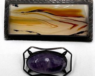 2 Vintage Agate Sterling Silver Pin With Copy Of Receipt, Purchased For $175 In 2000 & Amethyst Sterling Pin Lot #: 35