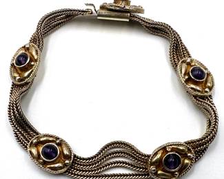 Aygul Sterling Silver With Gold Plate Vermeil Bracelet With Purple Gemstones From Turkey (.7 Ounces, 20 Grams) Lot #: 45