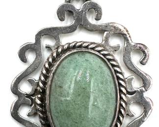 Large Vintage Sterling Silver & Natural Prehnite Gemstone Pendant Lot #: 36