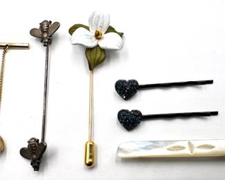 Mother Of Pearl Bar Pin, Stick Pins With Flower & Bees, Bar Tie Tack & Pair Rhinestone Heart Bobby Pins Lot #: 84