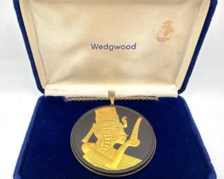 Vintage Wedgwood Large Egyptian Style Pendant Necklace With 12K Gold Filled Frame & 12K Chain In Original Velv Lot #: 85