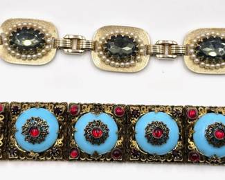 2 Gold Tone Chain Bracelets With Rhinestones & Other Stones Lot #: 104