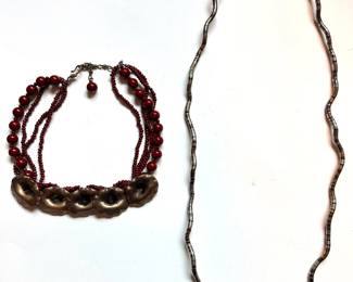 2 Necklaces: Flexible Metal Bead Snake Necklace & Beaded With Large Flowers Lot #: 117