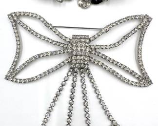 2 Large Rhinestone Brooch Pins: Art Deco Enamel Rhinestone With Flowers & Dangling Rhinestone Bow Lot #: 152