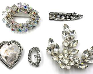 5 Vintage Beaded Crystal & Rhinestone Brooch Pins & French Heart With Frame For Photo Lot #: 142