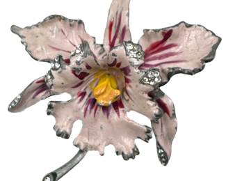 Vintage Extra Large Orchid Flower Enameled With Rhinestones Brooch Pin Lot #: 75