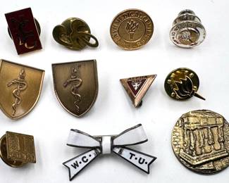 Vintage Coin & 10 Vintage Lapel Pins Including WCTU Suffrage With Receipt, Purchased For $50 In 2000 Lot #: 157