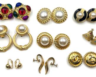 9 Pairs Vintage Gold Tone Clip-on & Screw-on Earrings: Faux Chanel, Christmas Trees, Rhinestones & More Lot #: 83