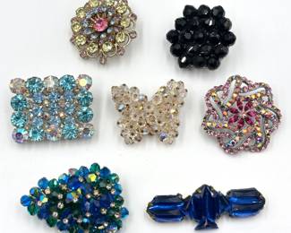 7 Vintage Rhinestone Brooches Pins: Butterfly, Flowers & More Lot #: 144