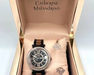 New In Box Catherine Malandrino Rhinestone Watch With Mathcing Rose Cuff Bracelet Lot #: 125