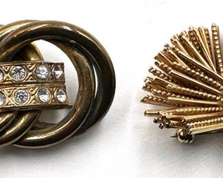 2 Vintage Gold Tone Brooches Pins: Grosse 1961 Starburst Urchin & Lover's Knot With Rhinestones Lot #: 134