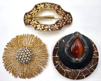 3 Large Vintage Brooch Pins: Carved Brass Flowers, Rhinestone Center With Coral Branches & Carnelian Center Lot #: 148