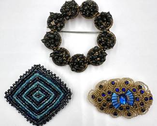3 Vintage Seed Bead Brooches Pins, Including Brass With Copy Of Original Receipt, Purchased For $41 In 2000 Lot #: 143
