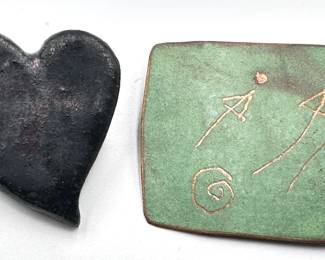 2 Artisan Brooch Pins: Copper & Ceramic Heart Lot #: 74