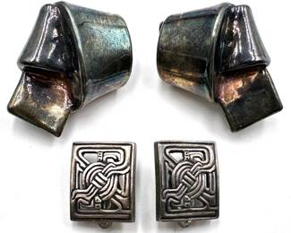 2 Pairs Vintage Sterling Silver Clip-on Earrings: Metropolitan Museum Of Art & Knot (total: 1.4 Oz, 43 Grams) Lot #: 51