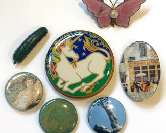 7 Vintage Pins: Heinz Pickle From 1964 World's Fair, Enamel Butterfly, 1980s Unicorn & More Lot #: 161