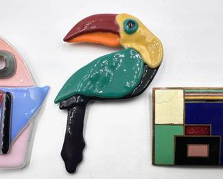 3 1980s Artisan Brooch Pins: Enamel On Copper, Glass Toucan & Abstract Lot #: 140