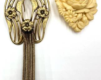 2 Vintage Dress Clip: Celluloid Flowers & Art Deco With Dangling Chains Lot #: 128