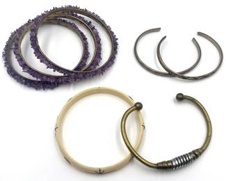 7 Vintage Bracelets: Bone With Silver Details, Cuffs & 3 Amethyst Bangles Lot #: 112