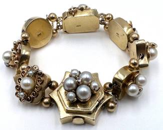 Geneva 14K Gold, Pearl & Diamond Chip Watch Bracelet With Original Receipt, Purchased For $1000 In 2000 Lot #: 13