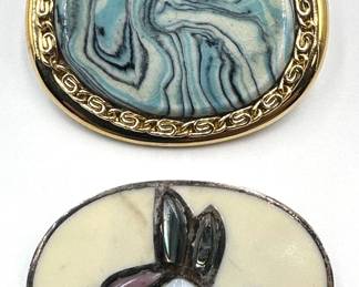 2 Brooch Pins: Enamel Hummingbird With Pendant Loop & Polymer Clay From Channel Island Jewelry Lot #: 149