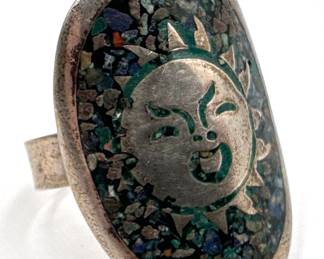 Vintage Sterling Silver & Turquoise Sun Adjustable Size Ring Lot #: 123