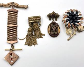 4 Vintage Brooch Pins Including Art Deco Pocket Watch Chain, Locket, Tricolor Flower & German Hanging Chains Lot #: 156