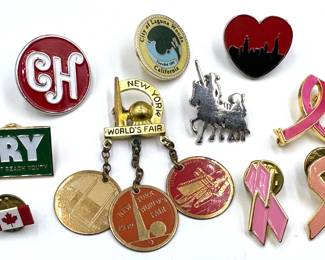 10 Vintage Lapel Pins Including 1939 New York World's Fair, Breast Cancer Awareness & More Lot #: 160