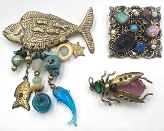 3 Vintage Brooch Pins: Brass Bug From Czechoslovakia, Filigree Square With Gems & Fish With Dangling Beads Lot #: 150