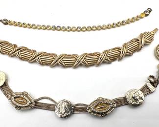 4 Vintage Bracelets: Slide With Coin Charms, Trifari & Rhinestone Lot #: 71