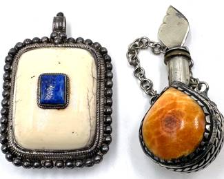Moroccan Kohl Eye Liner Container On Chain & Carved Stone Locket With Lapis Details Pendant Lot #: 28
