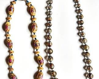 2 Vintage Beaded Glass Necklaces: Italian Glass With Gold Flecks & Hand Painted Lampwork Beads Lot #: 100
