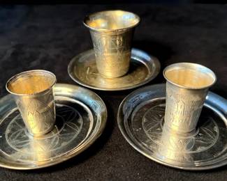 Antique Russian Silver Kiddush Cups Sterling Under Plates