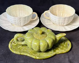 Stone Teapot With Belleek Tea Cups