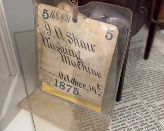 Another unique item. Washing Machine Patent with paperwork from 1875