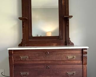 Victorian Eastlake Walnut Dresser with Mirror and Marble Top