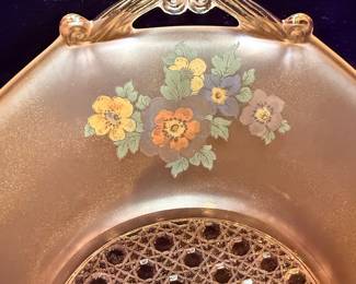 Vintage Frosted Pink Depression Glass Serving Tray with Floral Decoration and Metal Insert