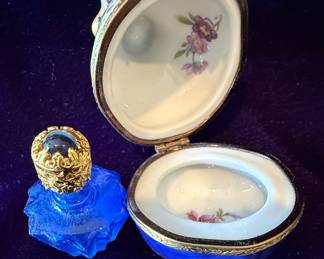 Limoges France Porcelain Pill Box with Miniature Perfume Bottle