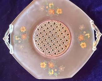 Vintage Frosted Pink Depression Glass Serving Tray with Floral Decoration and Metal Insert