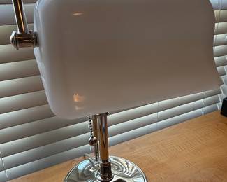 Banker's Lamp with White Frosted Glass Shade and Polished Chrome Finish